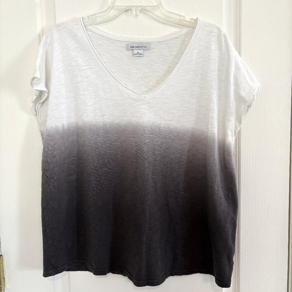 Liz Claiborne Ombre Slub Knit T-Shirt Short Sleeve Cotton V-neck Top Tee Gray XL